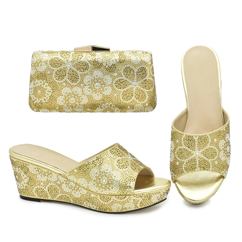 Classics Design Nigerian Women Shoes Matching Bag Set with Shinning Crystal Wedges Shoes for Women Italian Women Party Pumps