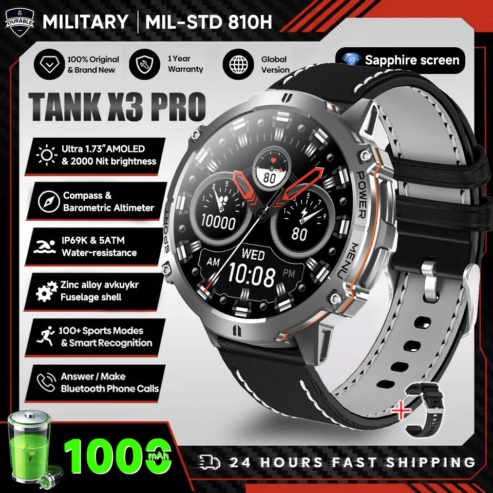 2026 New Military TANK X3 1000mAh Battery Smart Watch Men 10ATM Waterproof Swim GPS Path 1.75" AMOLED HD Call Sports Smartwatch