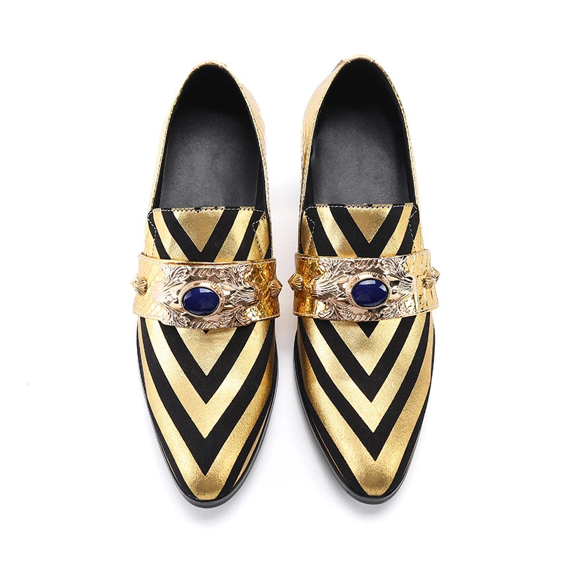 Large men's metal pointed gold rivet printed striped splicing high-heeled leather shoes club party leather formal shoes