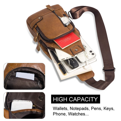 HUMERPAUL Men's Usb Chest Bag 100% Genuine Leather Crossbody Shoulder Bags Multifunction Travel Outdoor Messenger Pack Fashion
