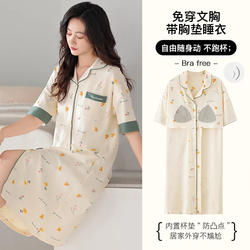 Newest M-5XL Women Short Sleeve Nightdress With Chest Pad Female Knited Cotton Nightwear Sleepdress