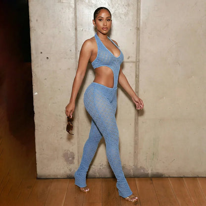 Woman Halter See Through Sexy Lace Hollow-out Patchwork Bodycon Jumpsuits  Backless Rompers Female Streetwear Overalls
