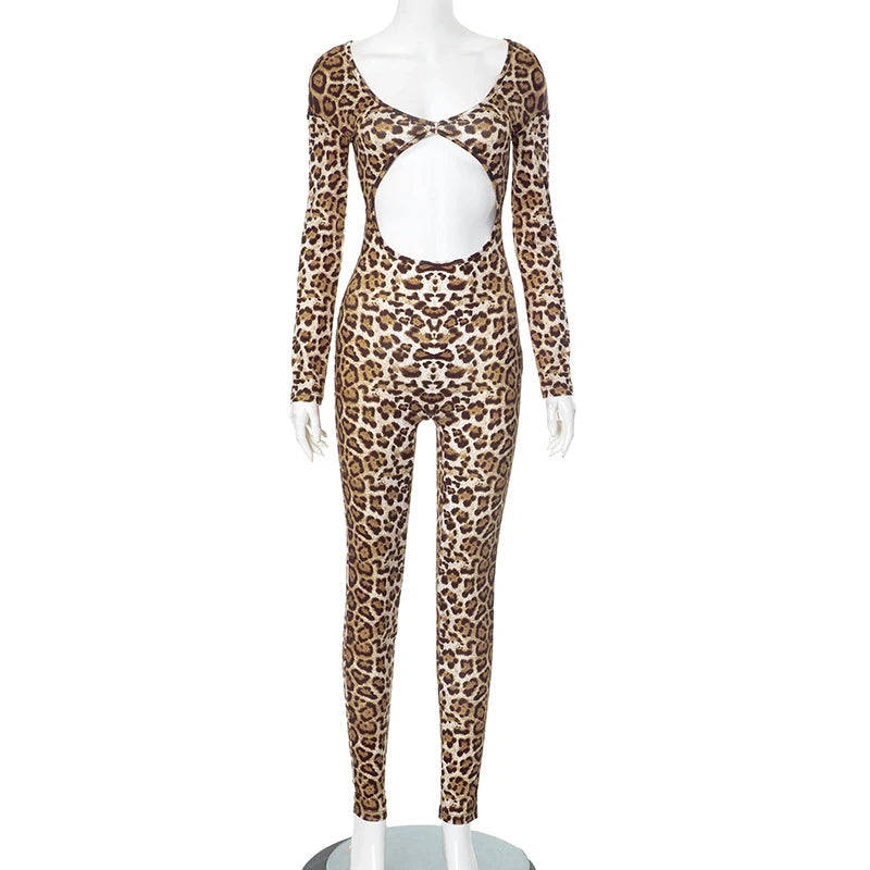 AVV Fashion Leopard Printing Long Sleeve Hollow Out Club Rompers Sexy Women's V-neck High Waist Skinny Jumpsuit Streetwear