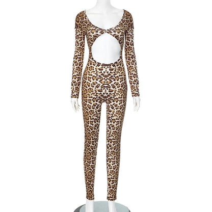 AVV Fashion Leopard Printing Long Sleeve Hollow Out Club Rompers Sexy Women's V-neck High Waist Skinny Jumpsuit Streetwear