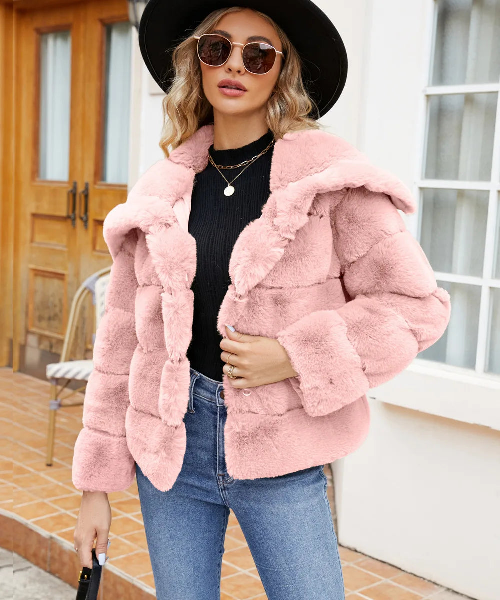 2026 Autumn Winter Turndown Collar Faux Fur Coat Women Casual Long Sleeve Fluffy Plush Jacket Khaki Thick Fake Fur Warm Cardigan