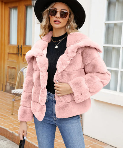 2026 Autumn Winter Turndown Collar Faux Fur Coat Women Casual Long Sleeve Fluffy Plush Jacket Khaki Thick Fake Fur Warm Cardigan