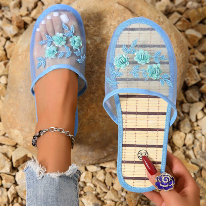 Mesh Breathable Embroider Sequin Flower Mules Shoes Summer Closed Toe Soft Bottom Sandals Female Chinese Style Bamboo Sandals