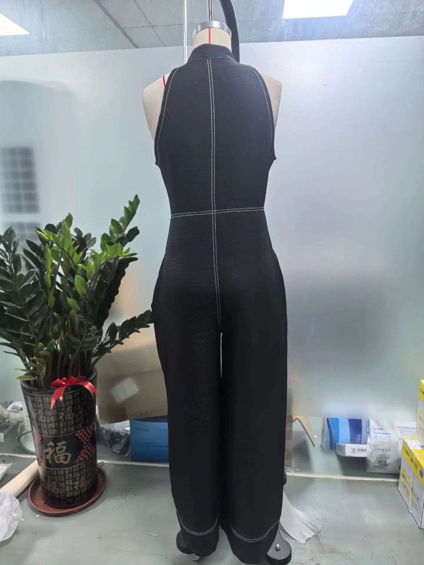 Spring Autumn Fashion Rompers Jumpsuit Women Loose Off-shoulder Zipper Pockets Wide Legs Trousers Overalls Sleeveless 64034