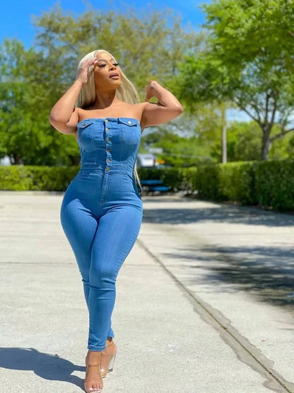 Women 2023 Autumn One Piece Sleeveless Slim Strapless Denim Jumpsuits Tight High Waist Sheath Overalls Long Pants Rompers