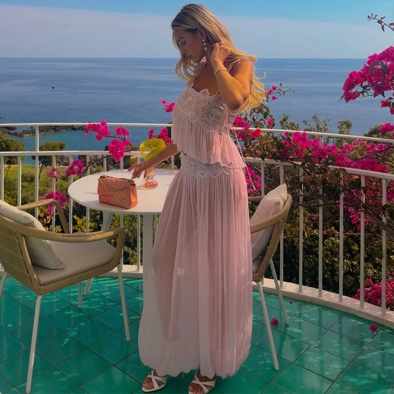2026 Summer Fashion Square Neck Ruffled Crop Top & Pleated Midi Skirt 2-Piece Set Elegant Boho Resort Vacation Casual Outfits