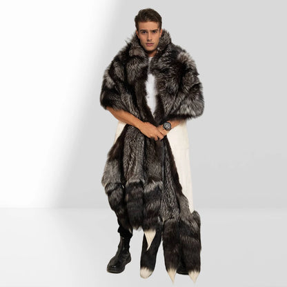 Unisex Double Face Silver Fox & White Rex Boa-Cape With Tails Real Fur Scarf Long Hot Selling Warm Natural Fur Scarf