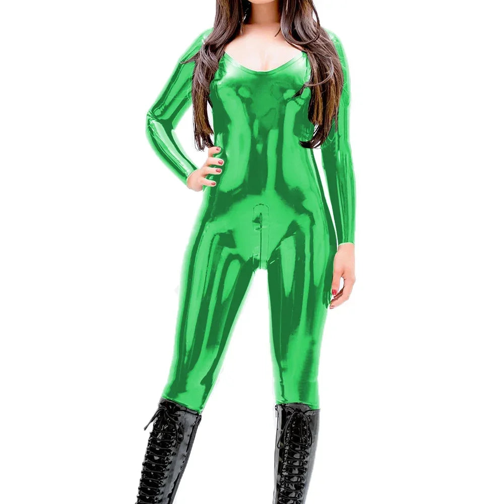 Women Sexy V Neck Jumpsuits Vinyl PVC Leather Long Sleeve Jumpsuit Ladies Party Zipper Open Crotch Bodysuit Faux Latex Rompers