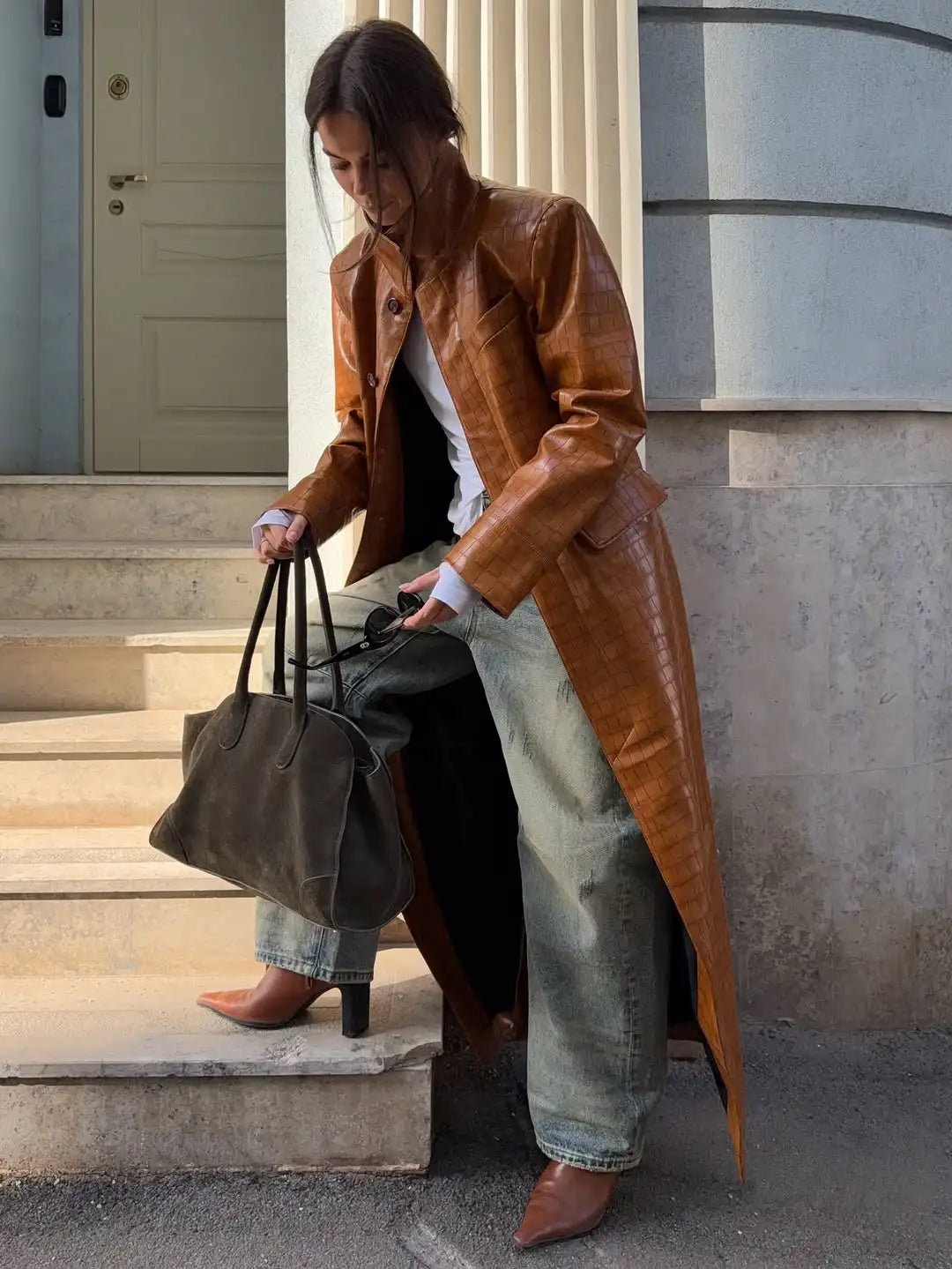 Women Brown Croc Embossed Faux Leather Maxi Trench Coat Lapel Single Breasted Straight Long Front Pockets Vintage Autumn Winter