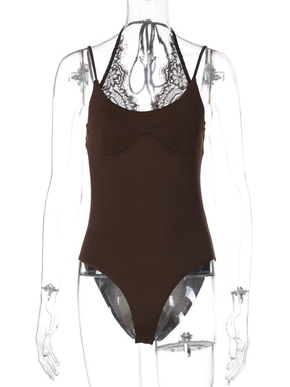 Dulzura Women'S Sexy Backless Lace Spaghetti Strap Bodysuit Solid Casual Slim Fit Jumpsuit Party Club Street Style Summer Outfit