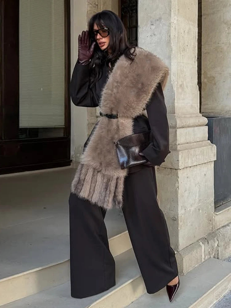 Elegant Solid Women's Tassels Faux Fur Scarf Thicken Tassels Patchwork Long Scarves Female 2026 Spring New Chic Scarf Lady