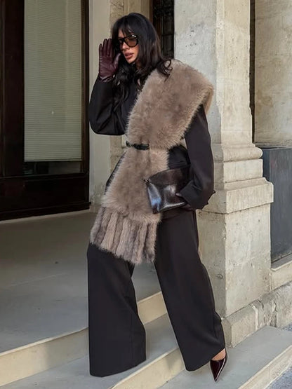 Elegant Solid Women's Tassels Faux Fur Scarf Thicken Tassels Patchwork Long Scarves Female 2026 Spring New Chic Scarf Lady