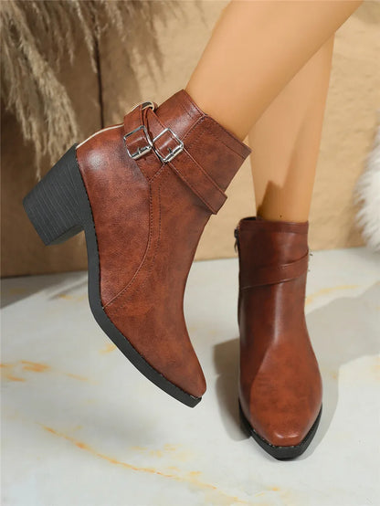 Retro Belt Buckle Women Short Ankle Boots Plus Size 43 Autumn Zipper Soft Leather Square Heel Ladies Pointed Toe Party Shoes New