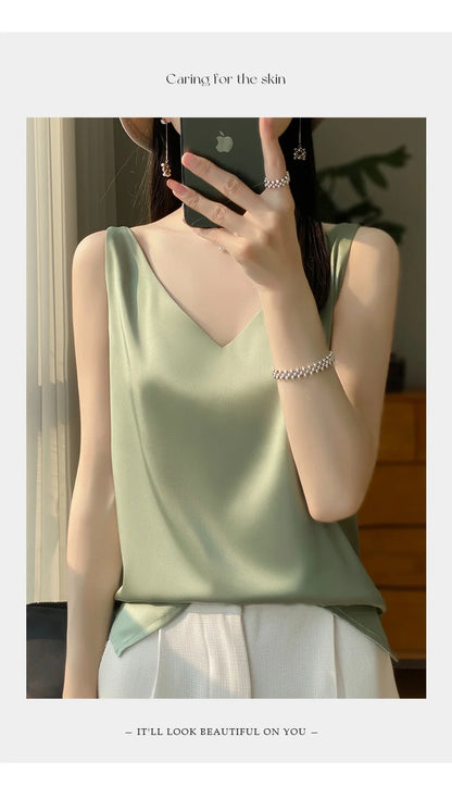 New Lce Silk Satin Camisole Women's Spring/Summer Solid Color Sleeveless Sexy Comfortable Silk Underwear Vest RW-D09