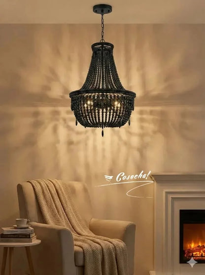 Black French Country Chandelier Large Hanging Lights Dia60 H65cm Living Room Boho Wood Bead Chandelier For Bedroom Dining Room