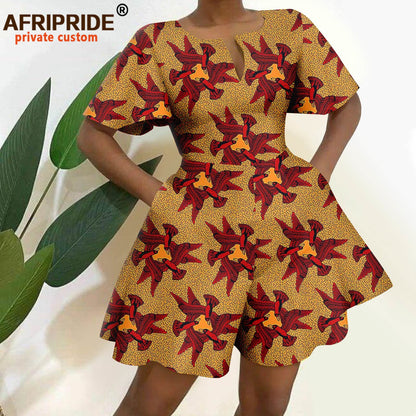 2026 African Clothes for Women Short Sleeve High Waist Print Jumpsuit Casual Cotton Summer Outfits Rompers Playsuits A2329001