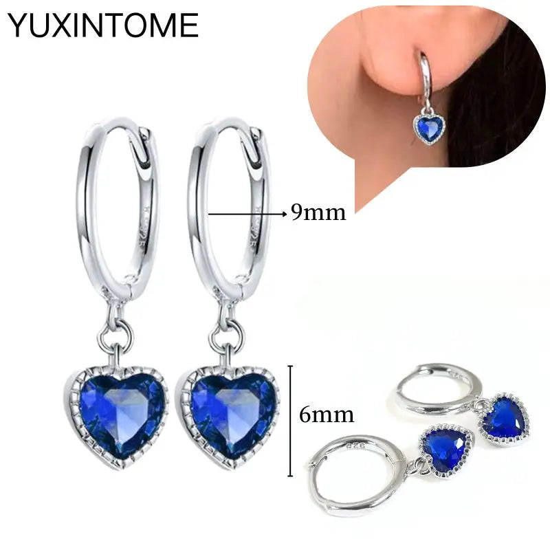 925 Sterling Silver Needle Dark Blue Crystal Silver Earrings Women's Exquisite Heart Blue Pendant Hoop Earrings Luxury Jewelry