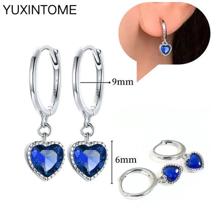 925 Sterling Silver Needle Dark Blue Crystal Silver Earrings Women's Exquisite Heart Blue Pendant Hoop Earrings Luxury Jewelry