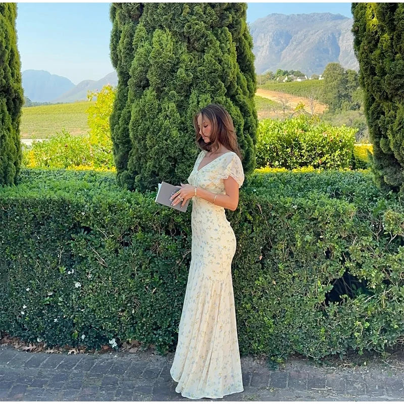 Fashion V-neck Floral Women Maxi Dress Flutter Sleeve Lace Trim High Waist Chiffon Vestidos Summer Female Daily Vacation Dresses