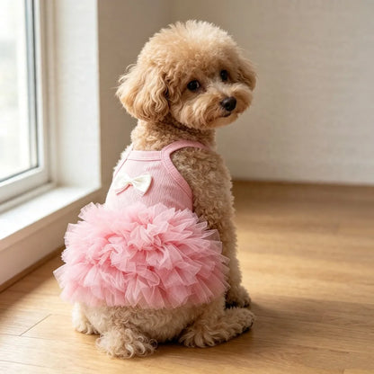 1PC Cute Pink Suspender Dog Tutu Dress With Bow, Breathable Ribbed Pet Princess Tulle Skirt,  Small Dogs & Cats