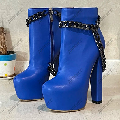 Ahhlsion New Women Winter Ankle Boots Platform Chunky Heels Chain Round Toe Pretty Blue Party Shoes Ladies US Plus Size 5-20