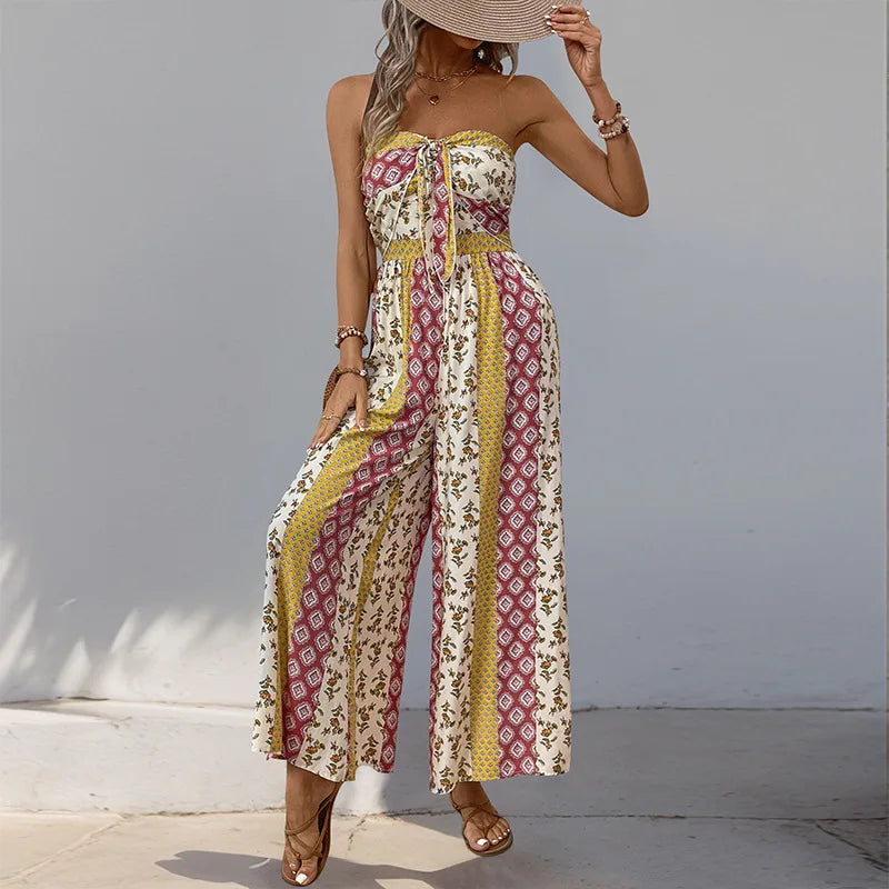 Cotton Rayon Floral Printed Sexy Strapless Jumpsuit Women Casual Bow Boho Beach Summer One Piece Women's Jumpsuits Bohemian
