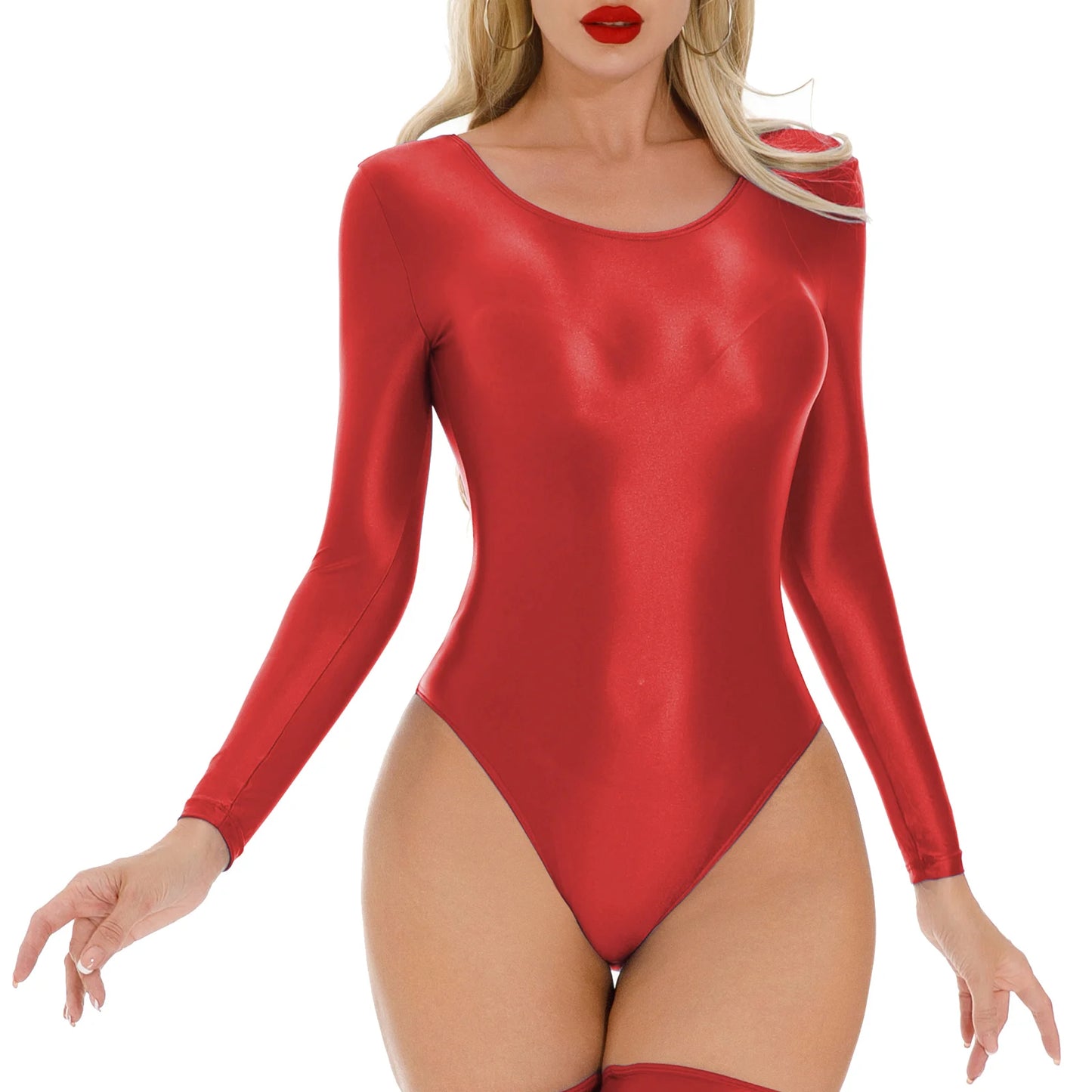 Women's Swimsuit One Piece Swimwear Oil Glossy Stretchy Gym Fitness Long Sleeve Round Neck Tights Leotard Bodysuit Clubwear