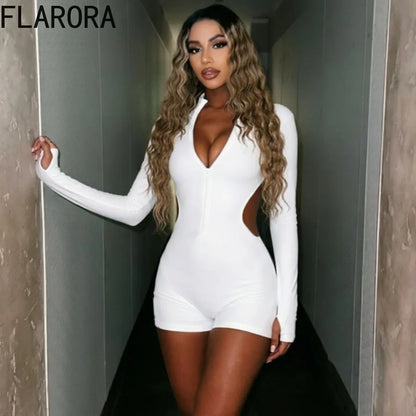 FLARORA Sexy Hollow Out Backless Rompers Woman Trend O-Neck Full Sleeve Zip Skinny Peach Hip Playsuits Midnight Party Clubwear