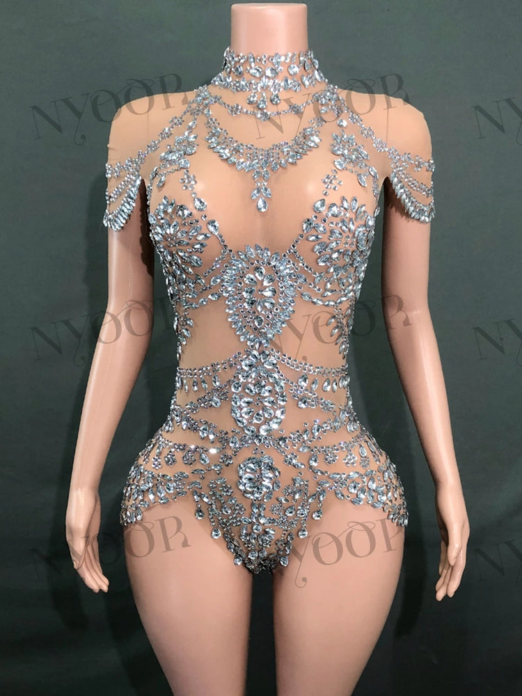 Sparkly Rhinestones Bodysuit for Women Sexy Mesh Transparent Performance Dance Costume Singer Dancer Show Stage Wear