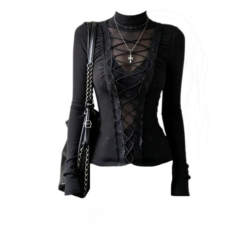 Korean Fashion Elegant Patchwork Lace Tops Slim Casual Long Sleeve Blouse 2000s American Vintage Sweet Pullover Chic