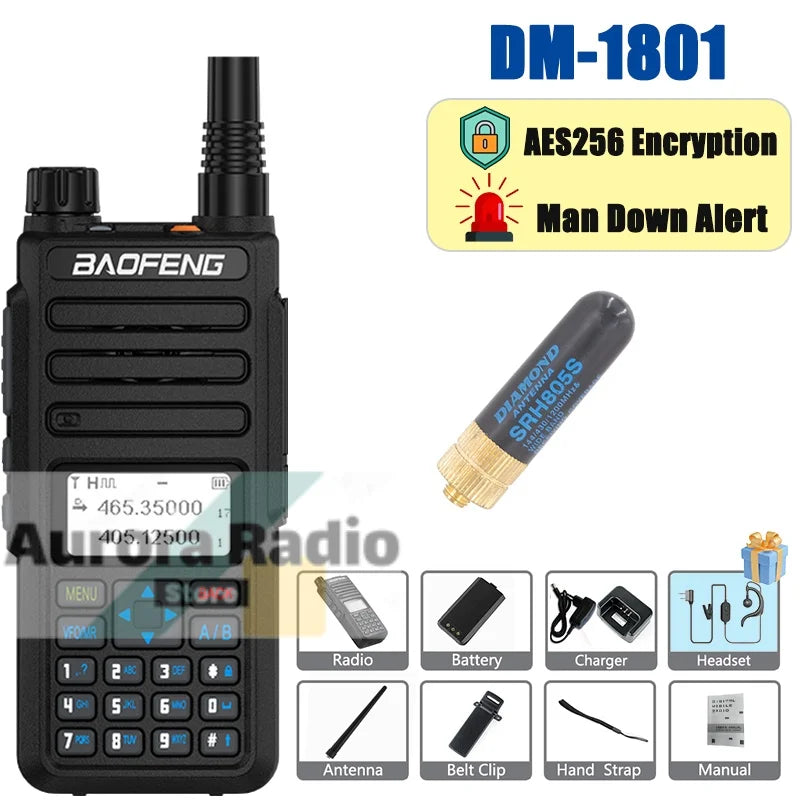 Baofeng DM-1801 DMR Walkie Talkie AES256 Man Down VHF UHF Digital & Analogy Dual Time Slot Roaming Recording 1024 Channel Radio
