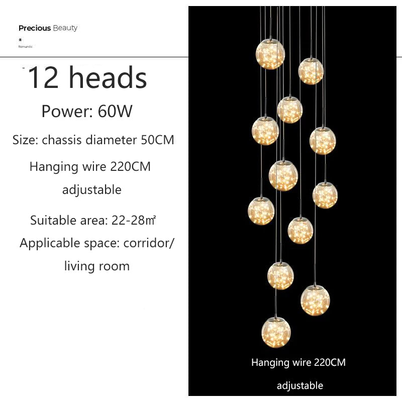 Modern LED Chandelier Glass Ball Dimmable Pendant Lamp for Staircase Living Room Home Decor Suspension Lighting Design Lusters