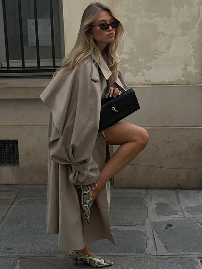 Women Khaki Long Color-block Stripe Trench Coat Wide Lapel Loose Drop Shoulder Blue Lining Slit Windbreaker Commute Outing Coats