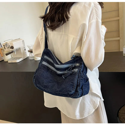Vintage Denim Women's Shoulder Bag Large Capacity Messenger Bag Multi-pockets Satchel Bags Adjustable Strap Ladies Crossbody Bag