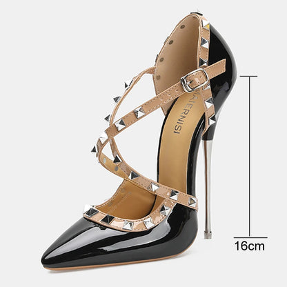 Women Rivet Cross Strap High Heel Sandals Sexy Pointed Toe Single Shoes for Nightclub Party Host Model Catwalk Cross Dressing