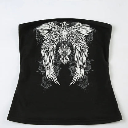 Gothic Print Black Strapless Tube Top Women Skinny Cropped Summer Casual Chic Graphic Tee Y2K Streetwear Basic Vest