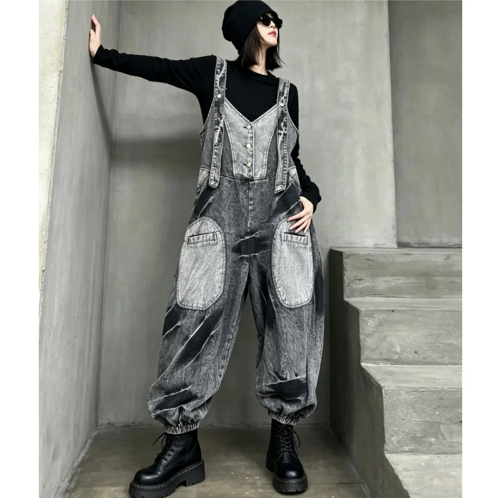 Unique Trendy Cool Distressed Color-blocked Denim Overalls Women Loose Plus-size Stylish One-piece Lantern Pants Autumn LX6298