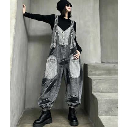 Unique Trendy Cool Distressed Color-blocked Denim Overalls Women Loose Plus-size Stylish One-piece Lantern Pants Autumn LX6298