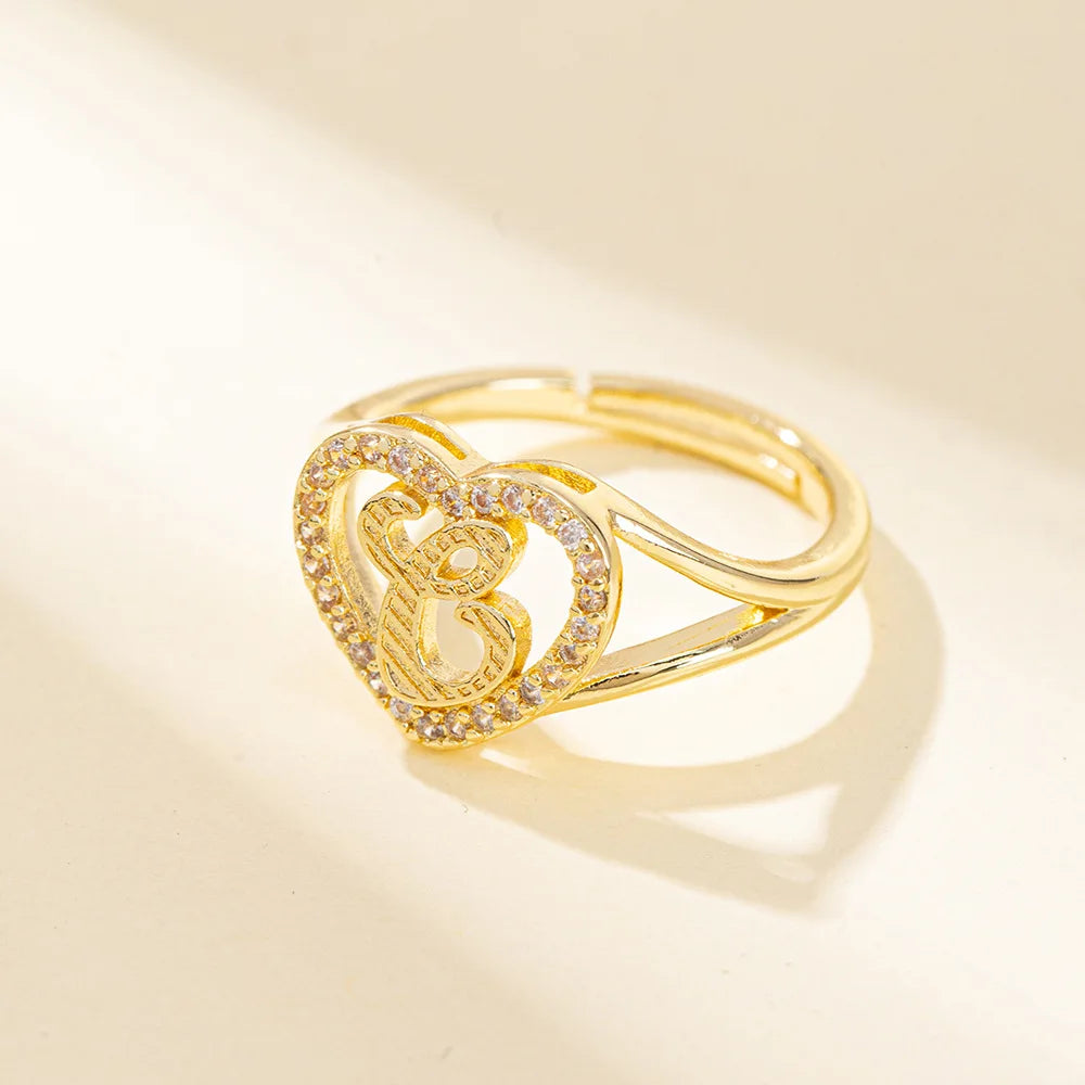 White Zircon 26 Letters A-Z Love Heart Open Adjustable Rings For Women Gold Silver Color Wedding Band Jewelry Mother's Day Gifts