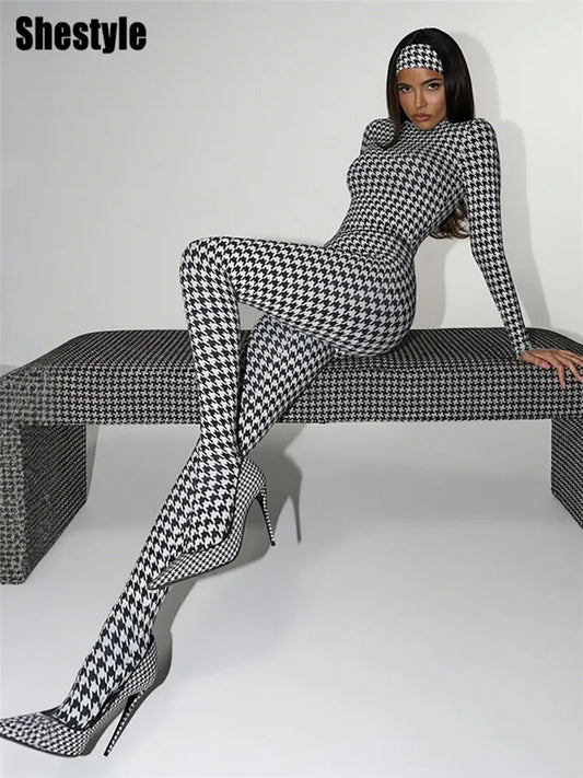 Shestyle Plaid Bodycon Jumpsuits Women with Stocking Sporting Turtleneck Casual Winter Fashion New Zipper Fitness Clothing New