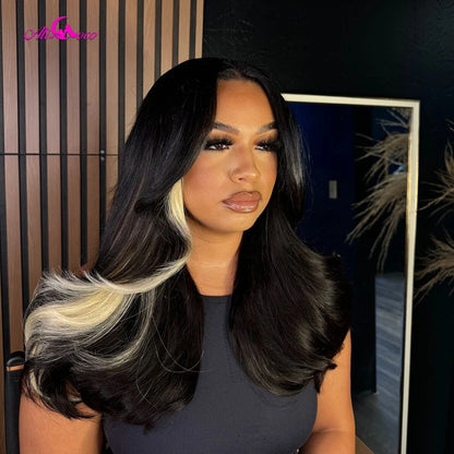 Natural color With 613 Blonde Highlight 180 Density Body Wave Human Hair Lace Front Wigs Transparent Lace For Women 13X4 13X6