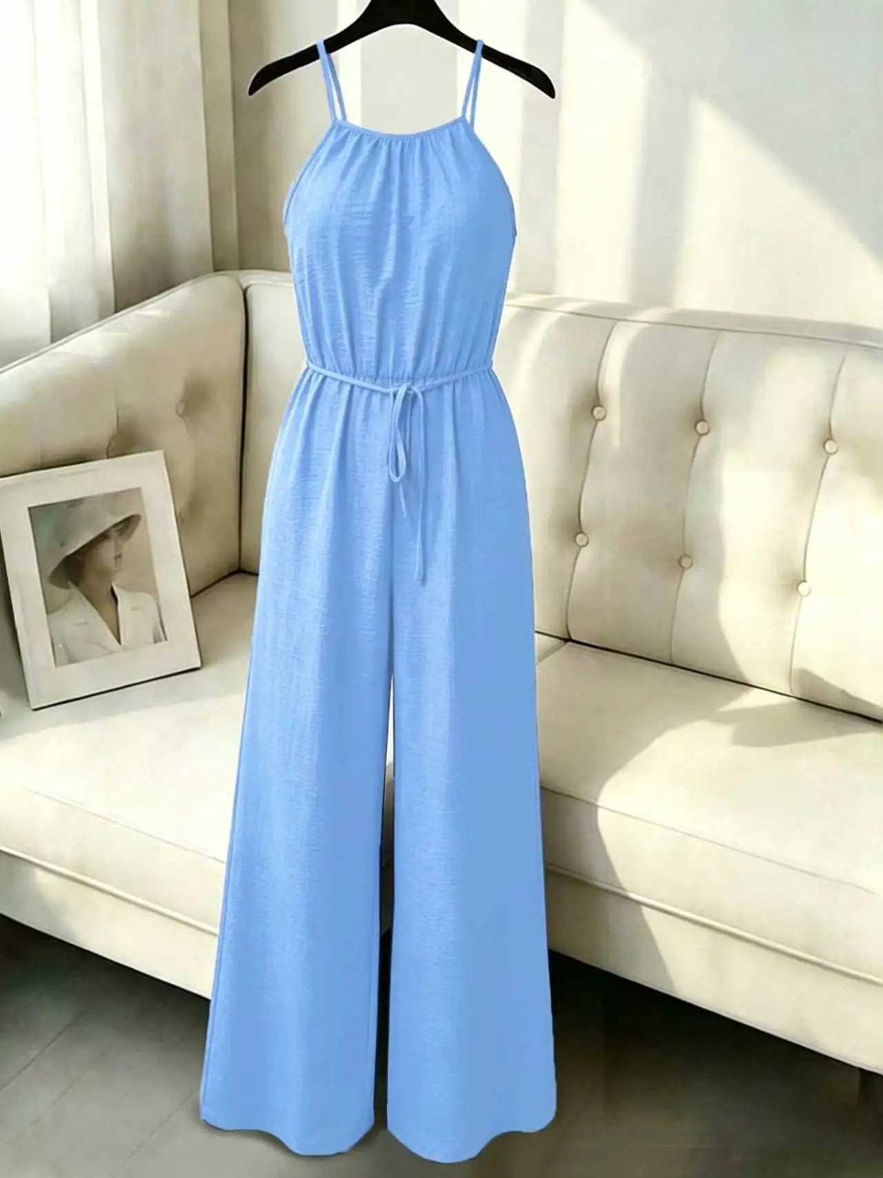 Women's Blue Denim Look Jumpsuit Spaghetti Straps Waist Tie Ideal for Casual Outings Summer Vacations Effortless Chic Styles