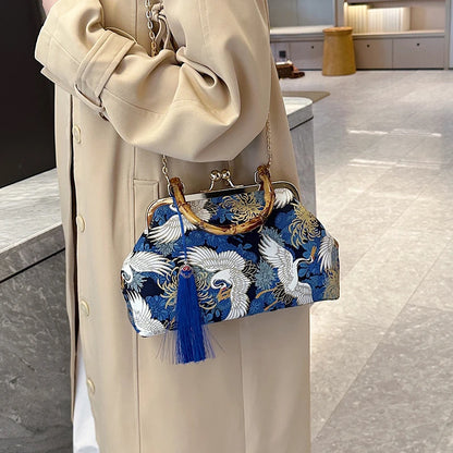Designer Bamboo Handle Handbag Retro Embroidery Women Evening Bag High-end Nylon Crossbody Bag Luxury Lady Shoulder Bags Satchel