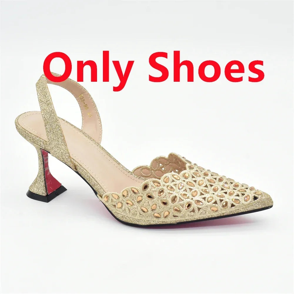 New Design Nigerian Women Shoes and Bag Set Decorated with Rhinestone in Italy African Party Luxury Heel Shoes Pumps with Heels