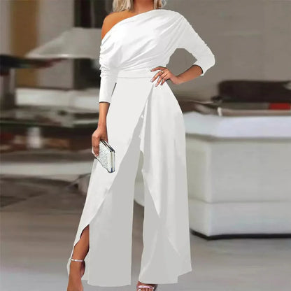 Casual Off Shoulder Jumpsuits Women Spring Autumn Irregular Ruched Wide Leg One Pieces Sets Office Ladies Elegant Party Romper