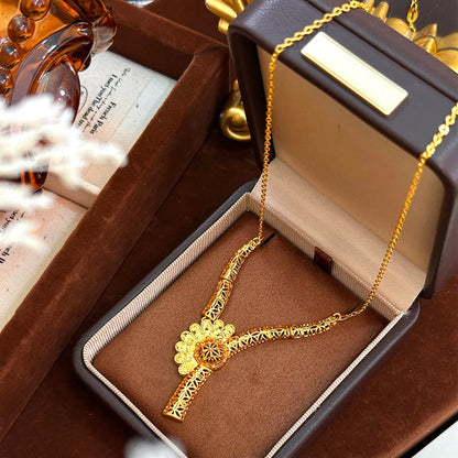Niche Design Ethnic Style Hollow Bridal Wedding Sunflower Necklace 9999 24K Real Gold Hollow Exotic Style